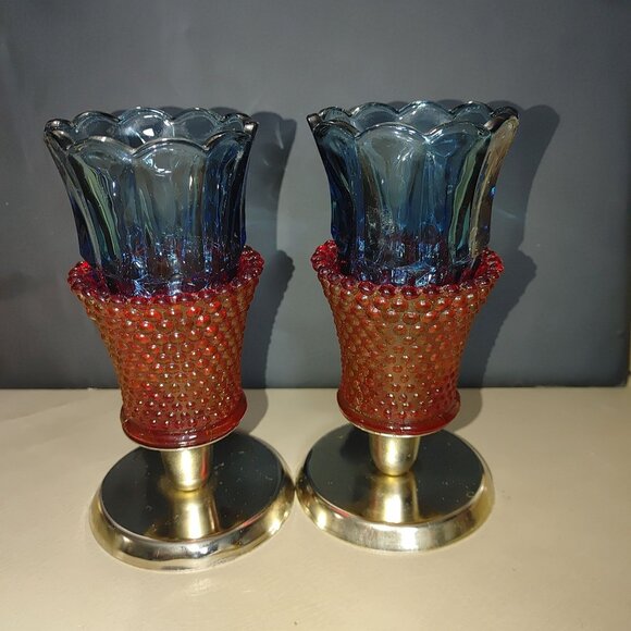 Candle Glass Red Hobnail Blue Tulip Scallop Peg Sconce Votive Holders Gold Base - Picture 9 of 11